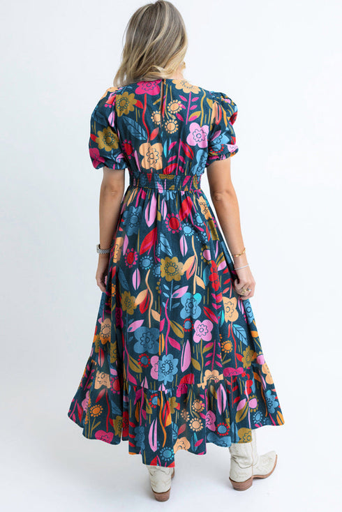 Retro Floral Printed Split Neck Maxi Dress
